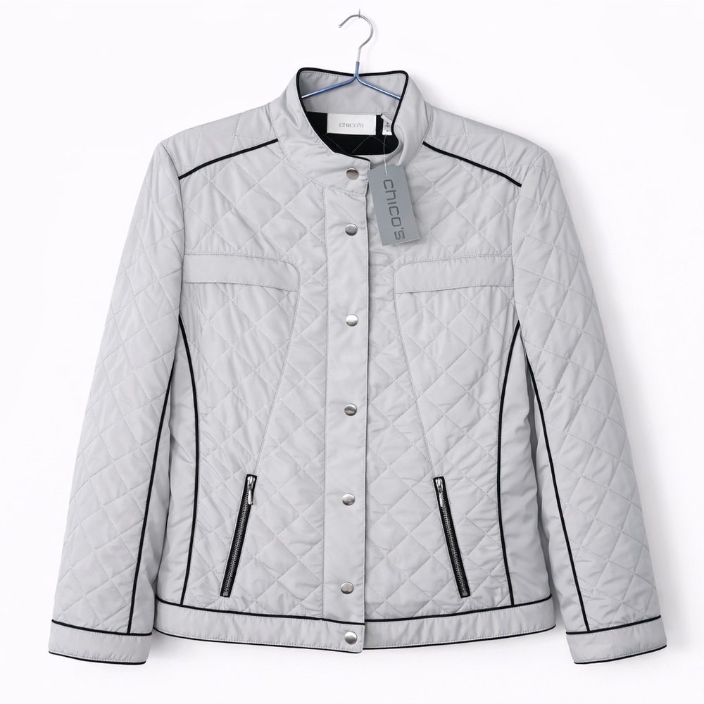 NWT Chico’s Quilted Jacket Light Gray with Contrast Trim Women’s Size Small (0)